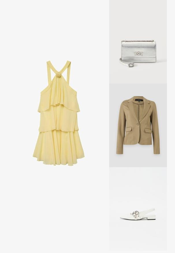 Blazer beige a medida con mangas largas, cuello con solapas, cierre de un botón y dos bolsillos con solapa, mostrado sobre un fondo liso.; Vestido amarillo de capas con un diseño fluido, que presenta tirantes finos y una parte trasera fruncida. Acentuado con un detalle de flor en los tirantes.; Zapato de piel blanca tipo slingback con punta afilada, detalles de hebilla plateada y un tacón bajo cuadrado. Textura suave con un diseño minimalista.; Bolso de mano metálico plateado pequeño rectangular con correa de cadena, solapa frontal y cierre de pestillo giratorio rectangular.