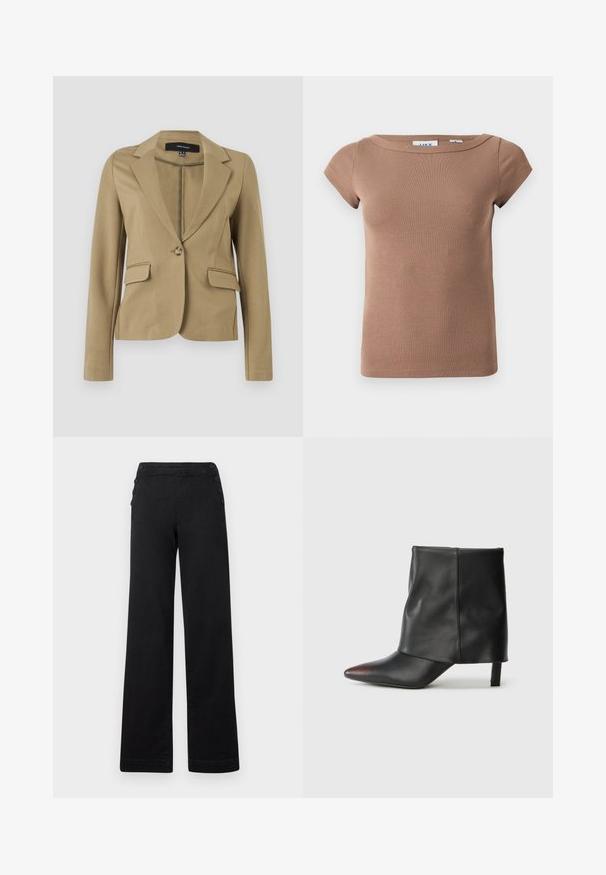 Beige skræddersyet blazer med lange ærmer, reverskrave, enkelt knaplukning og to klaplommer, vist på ensartet baggrund.; Brun, ribbet kortærmet top med bådudskæring. Blødt, strækbart stof med en tætsiddende silhuet og minimalistisk design. Ingen synlige logoer.; Sorte brede bukser med høj talje, knapdetaljer på siderne og en glat denimtekstur med en ren finish.; Sort ankelstøvle lavet af glat læder med spids tå og tilspidset hæl. Overdelen har et let rynket design.