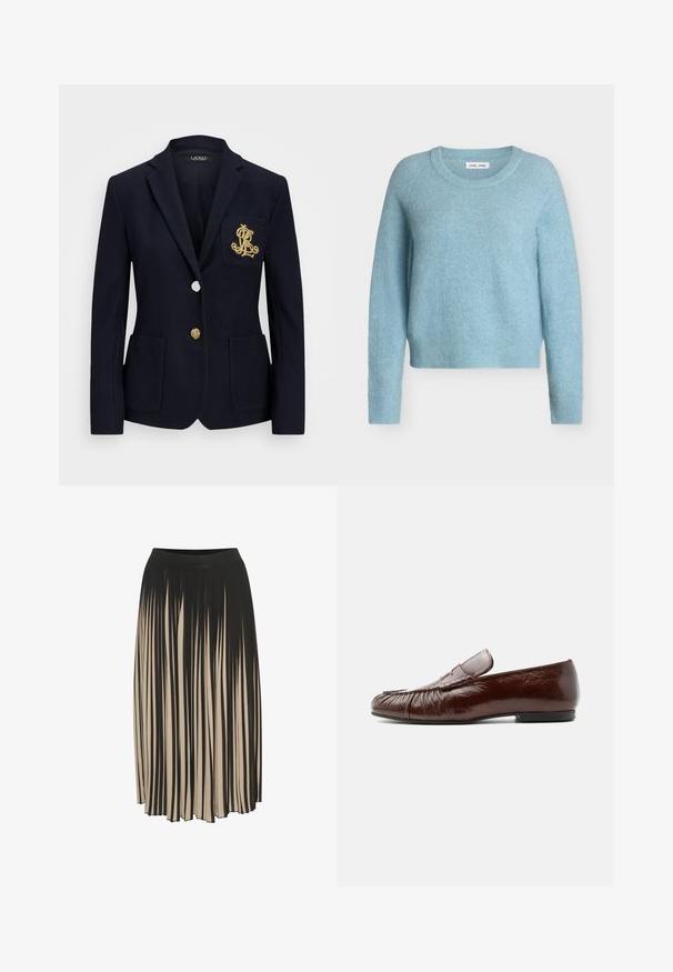 Marineblazer aus einem strukturierten Stoff, mit goldenen Beschlägen, einem einzigen Knopfverschluss und einer Brusttasche, die mit einem gestickten Logo versehen ist.; Hellblauer Langarm-Pullover mit Rundhalsausschnitt, weicher, flauschiger Textur und gerippten Bündchen und Saum.; Faltender Midirock in Schwarz und Beige mit einem hohen elastischen Bund, der vertikale Streifen aufweist und ein fließendes Design für Bewegungsfreiheit bietet.; Brauner Lederloafer mit niedrigem schwarzem Absatz, Mokassinnaht und einem Riemendetail über dem Rist, seitlich auf weißem Hintergrund gezeigt.