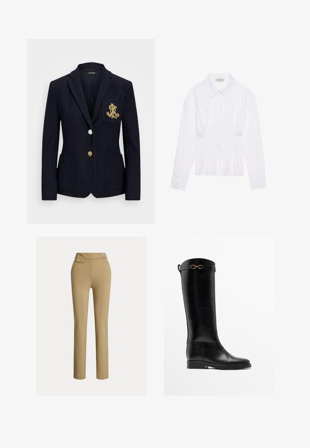 Blazer marine en tissu texturé, avec des éléments en métal doré, une fermeture à un seul bouton, et une poche poitrine arborant un logo brodé.; Blouse blanche à manches longues avec un col classique, fermeture à boutons sur le devant et détail froncé sur le côté. Tissu lisse avec une coupe ajustée.; Pantalons slim beige pour femmes avec taille haute, deux boutons sur le côté et une petite poche à rabat boutonnée près de la taille.; Botte haute en cuir noir avec un petit talon et un détail de boucle dorée près du haut, montrée de profil sur fond blanc.