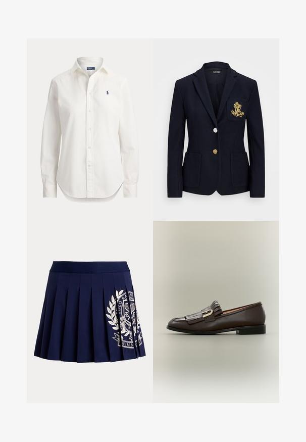 Tumesinern blazer tekstuuriga kangast, kuldsete detailidega, ühe nööbi sulgemise ja rinnaesise taskuga, millel on tikandiga logo.; Valge pika varrukaga nööbitav triiksärk, krae ja väikese sinise polomängija logoga vasakul rinnal.; Tumesinine voltidega seelik laia vöökohaga ja valge tenniseteemalise vapilogo paremal allosas.; Tumepruun nahast loafer satsidega ja kuldse pandlaga neutraalsel taustal, külgvaade.
