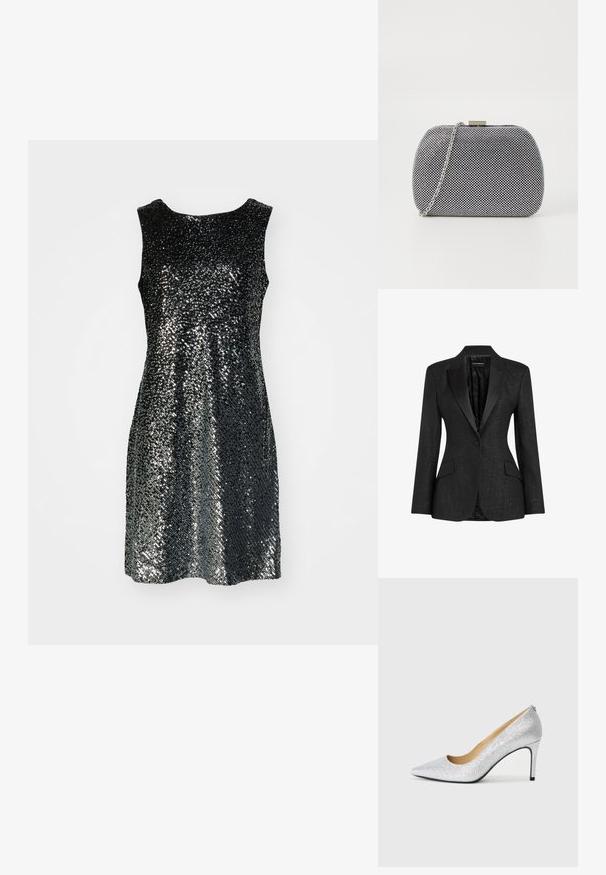 Blazer noir ajusté avec revers en satin, fermeture à un bouton, deux poches avant et tissu texturé. Intérieur doublé.; Robe noire sans manches recouverte de petites paillettes, créant un effet scintillant. Encolure ronde simple et silhouette évasée.; Pompe à talons aiguilles en argent pailleté avec un bout pointu et une doublure intérieure lisse. Le talon est fin, soulignant le design élégant.; Pochette texturée noir et blanc de forme arrondie, avec une chaîne en métal argenté et un fermoir en métal en haut.