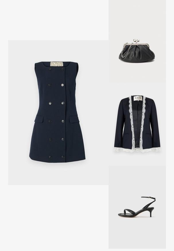 Blazer bleu marine avec bordure en dentelle blanche le long de l'ouverture devant, aux poignets et à l'ourlet, avec un design sans col et deux poches avant.; Robe sans manches bleu marine avec une coupe cintrée, fermeture à double boutonnage, deux poches avant et un col plat pour une silhouette structurée.; Sandale pour femme en cuir noir avec fines lanières, une boucle d'orteil, une boucle à la cheville et un talon aiguille de hauteur moyenne sur un fond neutre.; Porte-monnaie en cuir noir avec texture froncée, cadre en métal argenté, fermeture à verrouillage kiss-lock et bandoulière en chaîne. Surface lisse et douce.