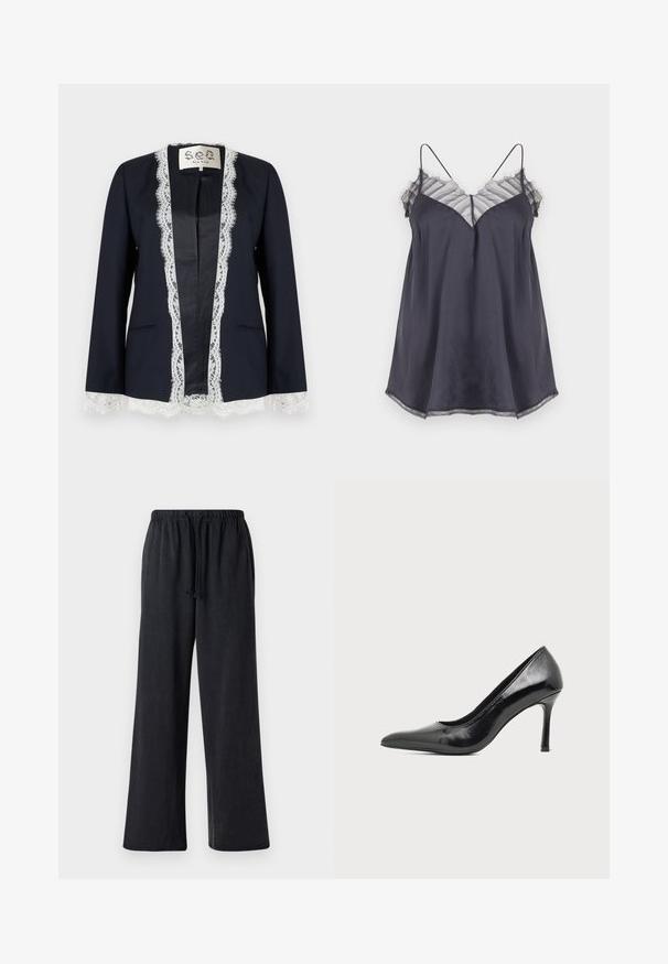 Blazer azul marino con ribete de encaje blanco a lo largo de la apertura frontal, los puños y el dobladillo, con diseño sin cuello y dos bolsillos delanteros.; Camiseta de satén gris oscuro con tirantes finos y ribete de encaje rayado transparente a lo largo del escote y el dobladillo sobre un fondo blanco.; Pantalones negros de pierna ancha, fabricados en un tejido suave con cintura elástica y cordón. Presentan una textura lisa y sin patrones visibles.; Zapato de tacón alto de mujer en piel negra patentada, con punta puntiaguda y tacón delgado, sobre un fondo claro y liso.