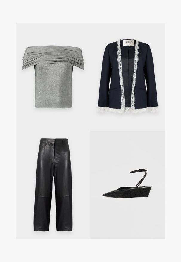 Marineblazer mit weißer Spitzenbesatz entlang der vorderen Öffnung, an den Manschetten und am Saum, kragenloses Design und zwei vorne liegende Taschen.; Silbernes, schulterfreies Oberteil mit geraffter Struktur, aus einem glitzernden Stoff gefertigt. Kurzes, tailliertes Design mit glatter Oberfläche.; Schwarze Lederhose mit weitem Bein, die eine glatte Textur und Nahtdetails aufweist. Bund und Taschen sind sichtbar.; Schwarze Wedgeschuhe mit spitzem Zeh, strukturiertem Obermaterial und Knöchelriemen. Verfügt über einen dezenten Schimmer und eine glatte Innenausstattung.