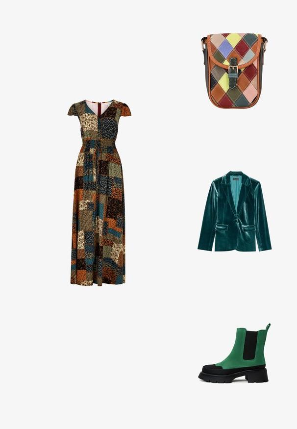 Tannengrüner Samtblazer mit Revers, einem Knopfverschluss und zwei vorderen Taschen. Geschmeidige Textur und taillierte Passform.; Maxi-Kleid mit kurzen Ärmeln, das ein Patchwork-Design in Erdtönen aufweist, einschließlich Braun, Teal und Creme. Elastischer Bund für eine gute Passform.; Grüne Wildleder-Ankle-Boots mit schwarzen elastischen Seiteneinsätzen und dicker, profiliertem Sohle. Verfügt über eine Schlaufe hinten für einfaches Anziehen.; Mehrfarbige Lederhandtasche mit Rautenmuster, braunem Besatz, magnetischem Verschluss und verstellbarem Riemen. Strukturierte Oberfläche.