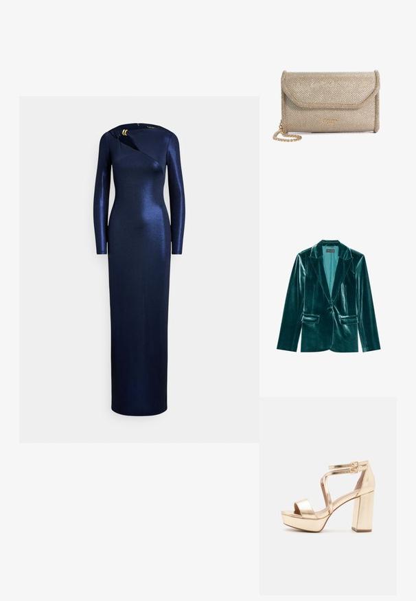 Tannengrüner Samtblazer mit Revers, einem Knopfverschluss und zwei vorderen Taschen. Geschmeidige Textur und taillierte Passform.; Langärmeliges, marineblaues Kleid aus schimmerndem Stoff mit figurbetonter Silhouette. Verfügt über einen asymmetrischen Ausschnitt mit goldfarbenen Hardware-Akzenten.; Goldene metallische Plateausandalen mit einem klobigen Blockabsatz, offenen Zehen und kreuzweise verlaufenden Knöchelriemen mit Schnallenakzenten. Glatte Textur.; Goldfarbener Clutch mit strukturiertem Oberflächen, ausgestattet mit einer Klappenöffnung, einer Kettenriemen und einem auf die Vorderseite geprägten Logo.