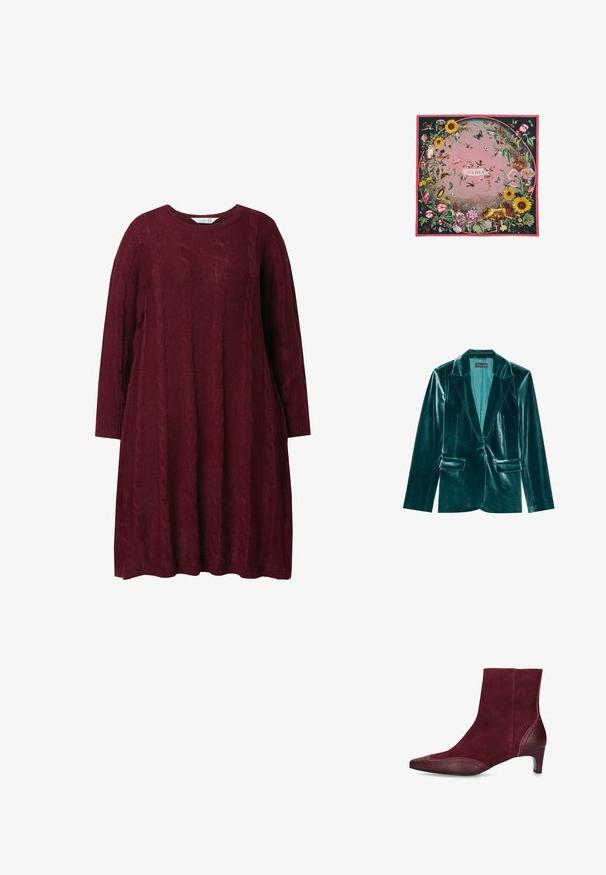 Teal fluwelen blazer met een revers, enkele knoopsluiting en twee voorkanten zakken. Gladde textuur en een pasvorm op maat.; Bordeaux gebreide jurk met een ronde hals, lange mouwen en kabelbrei patroon. Losse fit, met ribgebreide manchetten en zoom.; Bordeaux enkellaarsjes van suede met een spitse neus, decoratieve brogue-details en een lage hak. Soepele leren accenten aan de zijkant.; Vierkante sjaal met roze achtergrond, bloemensieraad, verschillende vogels, vlinders, dieren en de tekst "FABLE" in het midden.