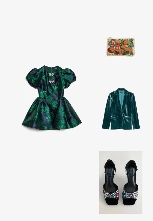 Blazer en velours bleu canard avec un revers cranté, fermeture à un bouton et deux poches avant. Texture lisse et coupe ajustée.; Robe verte à motif floral en satin, avec manches courtes bouffantes, corsage ajusté et jupe évasée avec fermeture éclair au dos. Détails de nœuds argentés.; Des sandales noires à talons hauts présentent une bride de pied ornée de sequins multicolores. Le matériau semble lisse et réfléchissant, avec une sangle pour la cheville.; Pochette rectangulaire beige perlée avec fruit orange, feuilles vertes et accents bleus brodés en perles colorées.