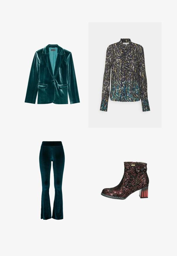 Skræddersyet blazer i teal velour med stiklaner, enkelt knaplukning og to forlommer. Glat tekstur og tætsiddende pasform.; Patrizia Pepe CAMICIA - Skjortebluser - dark multicolor; Petrolblå vide bukser lavet af blødt fløjlstof, med høj talje og glat tekstur, der indsnævres mod kanten med små åbninger.; Sorte ankelstøvler i lace med rødt blomstermotiv. Rund tå og kraftig hæl. Dekorativt stofblomstdetalje og kontrastsyet.