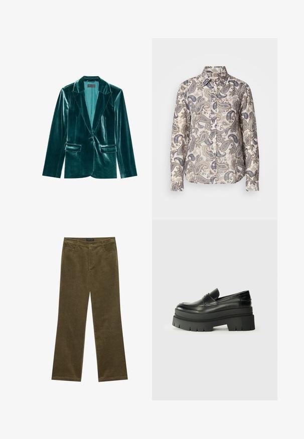 Skræddersyet blazer i teal velour med stiklaner, enkelt knaplukning og to forlommer. Glat tekstur og tætsiddende pasform.; Langærmet skjorte i let stof med et beige og blåt paisley-mønster, klassisk krave og knaplukning foran.; Olivengrønne fløjl bukser med flared ben, fem lommer, synlig syning og knaplukning i taljen for en sikker pasform.; Sorte læder loafers med en kraftig platformsål. Rund tå, forkant-søm detalje og subtile syninger. Flad, struktureret ydersål.