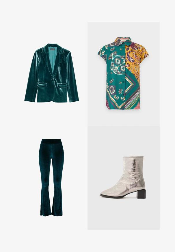 Skræddersyet blazer i teal velour med stiklaner, enkelt knaplukning og to forlommer. Glat tekstur og tætsiddende pasform.; Kortærmet skjorte med knapper foran i grønne og gule paisley- og geometriske lapper på en hvid baggrund.; Petrolblå vide bukser lavet af blødt fløjlstof, med høj talje og glat tekstur, der indsnævres mod kanten med små åbninger.; Metallisk sølv ankelstøvle med spids tå og blokhæl. Glat tekstur, strømlinet design og minimalistiske syninger.
