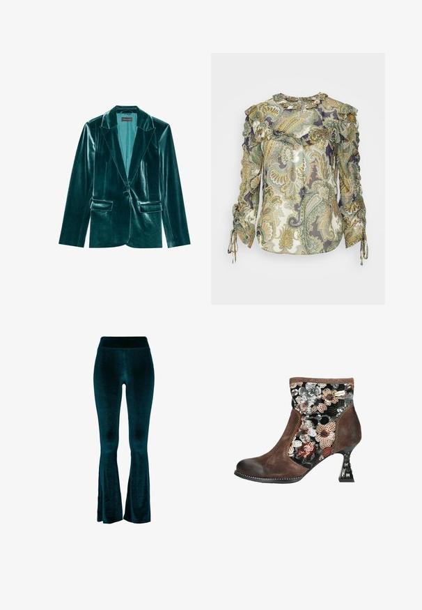 Skræddersyet blazer i teal velour med stiklaner, enkelt knaplukning og to forlommer. Glat tekstur og tætsiddende pasform.; Veronica Beard HOWELL BLOUSE - Bluse - green; Petrolblå vide bukser lavet af blødt fløjlstof, med høj talje og glat tekstur, der indsnævres mod kanten med små åbninger.; Brun ruskind ankelstøvle med en firkantet hæl dekoreret med rhinsten og blomsterformet palietstof på siden og den øverste del.