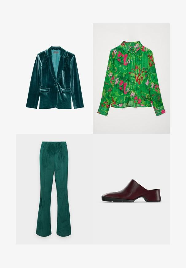 Blazer de terciopelo verde azulado con solapa muesca, cierre de un solo botón y dos bolsillos frontales. Textura suave y corte ajustado en toda su extensión.; Camisa verde de botones con patrones florales en rosa y rojo. Presenta un cuello con solapa y mangas largas con un dobladillo recto. Tejido texturizado.; Pantalones acampanados de pana verde con cinturilla elástica y textura de canalé vertical. Presenta un corte recto desde la cintura hasta el dobladillo.; Zapato mule de cualquier tipo con cuero burdeos oscuro, suela negra baja y curva y punta cerrada y puntiaguda.