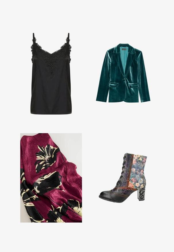 Teal fluwelen blazer met een revers, enkele knoopsluiting en twee voorkanten zakken. Gladde textuur en een pasvorm op maat.; Zwart cami-top met een v-hals en ingewikkelde kantdetails bij de halslijn. Voorzien van spaghettibandjes en een soepele, lichte stof.; Gekreukt stof met grote bloempatronen in zwart, crème en bordeauxrood. Zachte textuur met een gladde glans en gedrapeerd ontwerp.; Lace-up enkelboot met een zwarte leren punt en hak, bovenwerk van bloemenstof en een gesculpteerde metalen hak met ingewikkelde details.