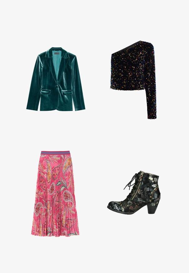Skræddersyet blazer i teal velour med stiklaner, enkelt knaplukning og to forlommer. Glat tekstur og tætsiddende pasform.; Sort crop top med en ærme dækket af flerfarvede skinnende pailletter med en tætsiddende silhuet.; Lyserød plisseret nederdel med blomster- og paisleymønstre, med en kontrasterende turkise stribet talje. Lavet af letvægtsstof.; Sort ankelstøvle med blomstermønster, snørebånd og lynlås i siden, tekstureret materiale, kontrasterende syninger og en beskeden hæl.
