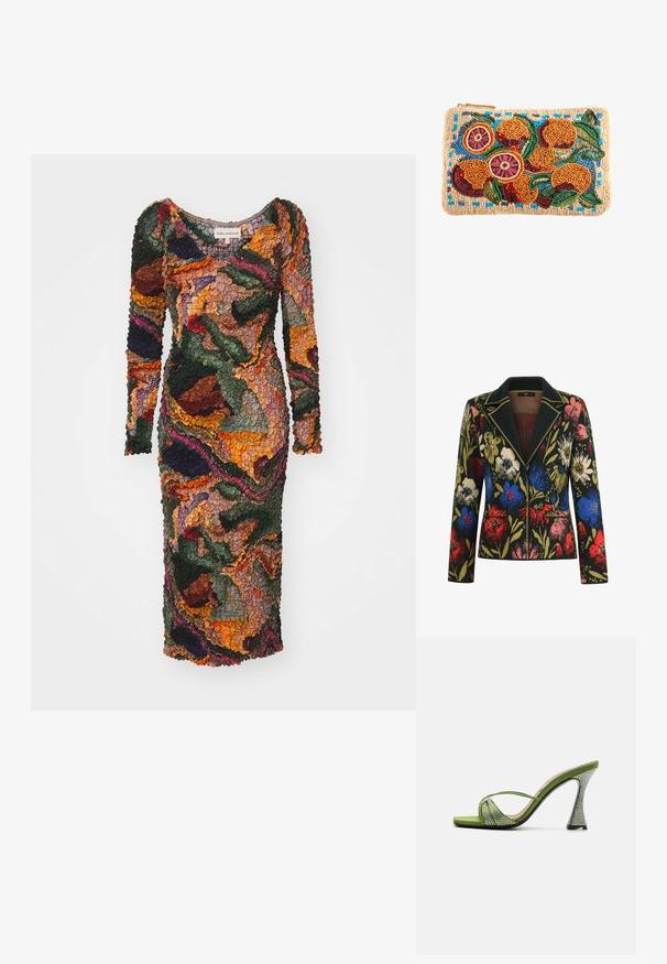 Blumenblazer mit schwarzem Hintergrund, der bunte Blumen in Rot, Blau, Pink und Grün zeigt, kontrastierender Kragen und zwei Fronttaschen.; Buntes Langarmkleid mit strukturiertem Blumenmuster in den Farben Grün, Orange, Burgunder und Braun. Figurbetonte Silhouette.; Grüne Satin-Sandale mit offener Zehenpartie und gekreuzten Riemen, verziert mit Strasssteinen. Verfügt über einen hohen, architektonischen Absatz mit strukturiertem Finish.; Rechteckige Perlen-Clutch mit einem bunten Muster aus Orangen, grünen Blättern und blauen Akzenten auf beigem Hintergrund.