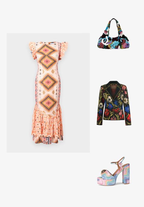 Blazer floral avec un fond noir, ornée de fleurs colorées en rouge, bleu, rose et vert, avec un col contrastant et deux poches avant.; Robe midi à motifs en rose pastel avec des manches courtes volantées, des designs en forme de diamant orange et bleu, et un ourlet évasé avec volants.; Sandale à plateforme à talon haut avec tourbillons pastel arc-en-ciel, ornements en strass, bride à la cheville et détail décoratif doré en forme d'œil sur la bride avant.; Sac à main texturé présentant un design multicolore en pompons dans des nuances de bleu, vert, bordeaux et blanc, avec une forme hobo et une large poignée.