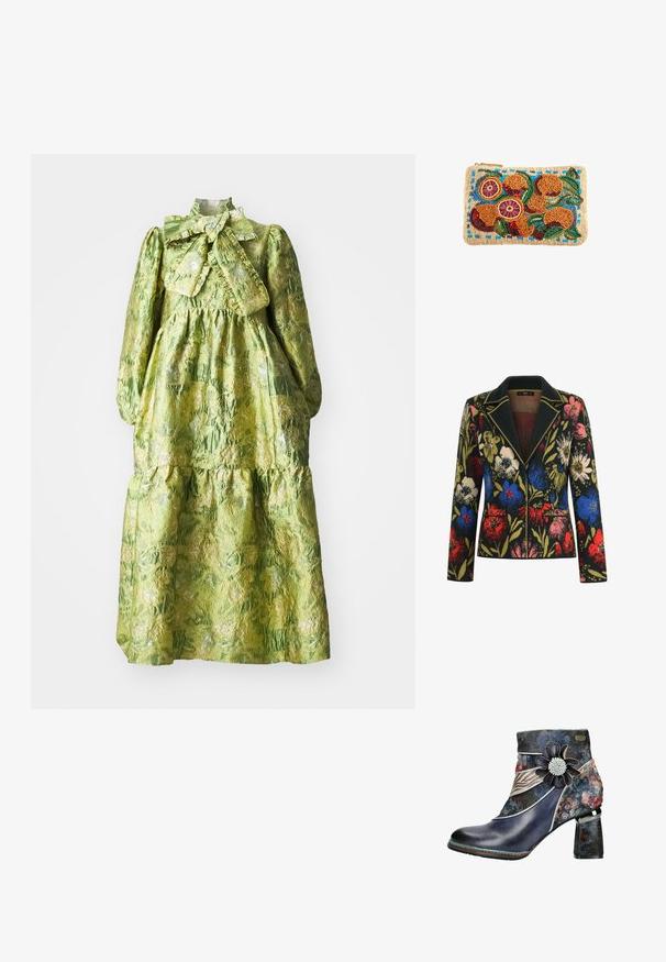 Blazer med blomstermotiv på sort baggrund, prydet med farverige blomster i rød, blå, pink og grøn, kontrasterende krave og to forlommer.; Grøn langærmet kjole med høj krave, lagdelt design og en tekstureret blomstermønster. Indeholder en stor sløjfe ved halsudskæringen.; Ankelstøvle med en blank, mørkeblå lædertå og en blomsterpræget tekstiloverdel, der har en dekorativ blomst og en struktureret blokhæl.; Rektangulær beige perleclutch med orange frugt, grønne blade og blå accenter broderet med farverige perler.