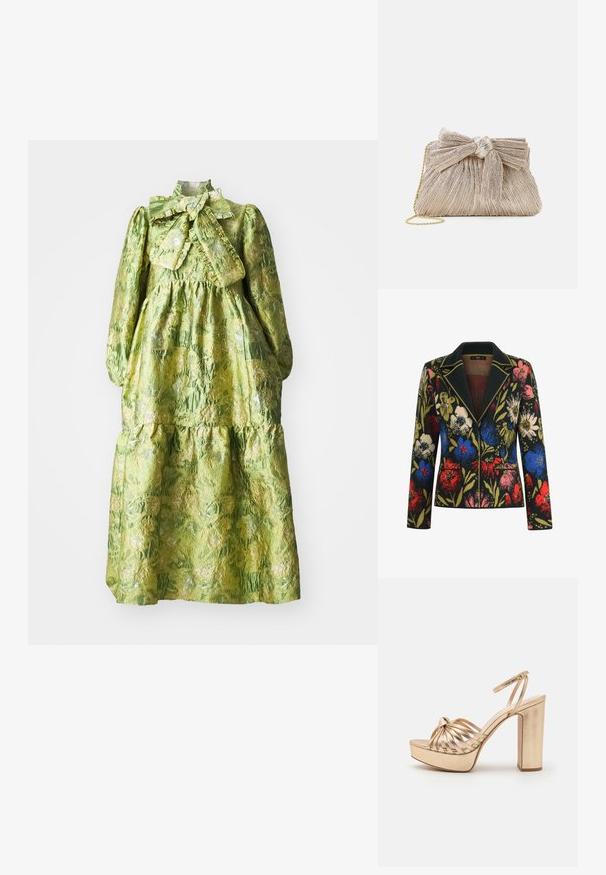 Blazer med blomstermotiv på sort baggrund, prydet med farverige blomster i rød, blå, pink og grøn, kontrasterende krave og to forlommer.; Grøn langærmet kjole med høj krave, lagdelt design og en tekstureret blomstermønster. Indeholder en stor sløjfe ved halsudskæringen.; Guld strappy højhælede sandaler med et knyttet frontdesign, chunky platform og ankelrem, der har en metallisk glans og glat tekstur.; Metallic guld clutch taske med plisseret stof, der har en sløjfedetalje øverst og en gylden kædetras for alsidighed og nem bæring.