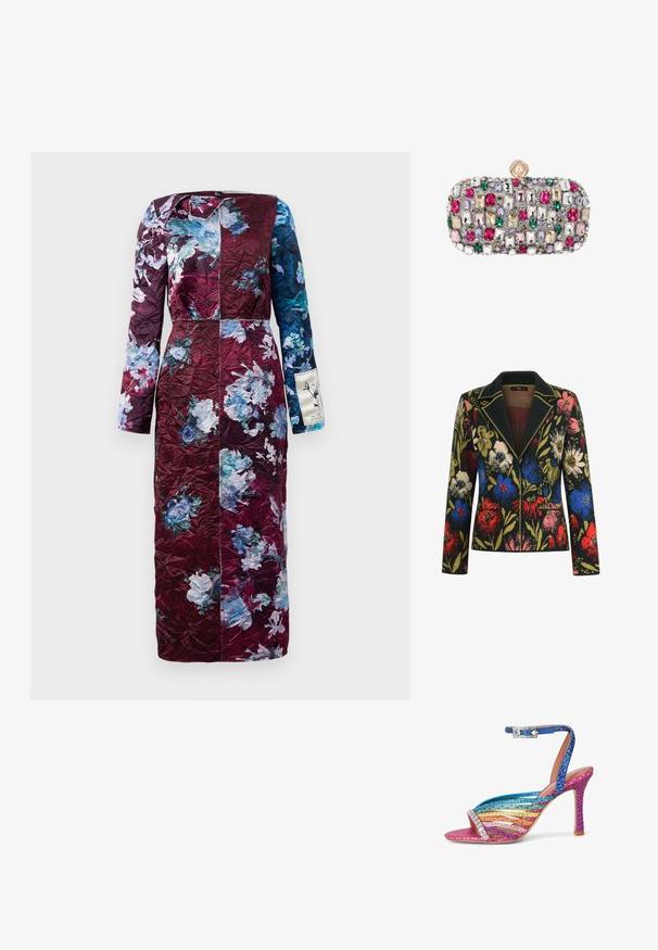 Blazer floral avec un fond noir, ornée de fleurs colorées en rouge, bleu, rose et vert, avec un col contrastant et deux poches avant.; Robe à manches longues avec motif floral en bourgogne et bleu. Matériau texturé, coupe droite et léger éclat. Présente un accent de label sur le côté.; Sandale à talon haut avec des brides pailletées multicolores dans l’ordre de l’arc-en-ciel et une bride de cheville bleue avec une boucle argentée décorée de strass.; Pochette rectangulaire recouverte de pierres précieuses rectangulaires et rondes multicolores avec un fermoir en perle ronde sur le dessus.