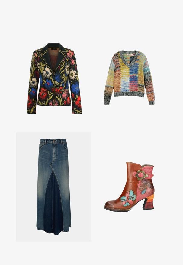 Bloemenblazer met een zwarte achtergrond, featuring kleurrijke bloemen in rood, blauw, roze en groen, een contrasterende kraag, en twee voorzakken.; Kleurrijke gebreide trui met V-hals en lange mouwen, met een patchworkpatroon in gele, blauwe, rode en grijze tinten.; Blauwe denim maxi-rok met een voor-invertpleat, riemlussen, knoop- en ritssluiting, en vervaagde wasdetails.; Bruine leren enkellaars met roze accenten, bloemontwerpen, decoratieve gesp en een getextureerde hak met meerdere tinten.