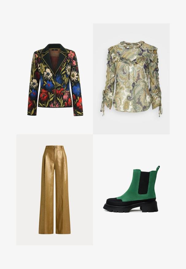 Blazer med blomstermotiv på sort baggrund, prydet med farverige blomster i rød, blå, pink og grøn, kontrasterende krave og to forlommer.; Veronica Beard HOWELL BLOUSE - Bluse - green; Bukser med højtaljede vide ben i metallisk guldstof med knap- og lynlåslukning samt bæltestropper på linningen.; Grønne ruskindsankelsko med sorte elastiske sidepaneler og en tyk, mønstret sål. Har en træksløjfe bagpå for nem påtagning.