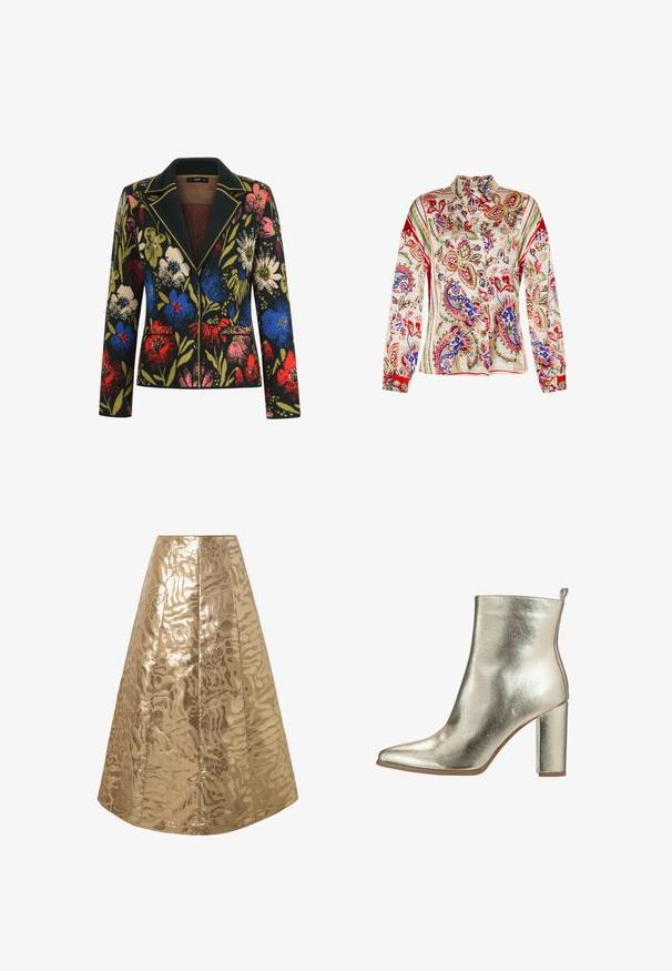 Blazer med blomstermotiv på sort baggrund, prydet med farverige blomster i rød, blå, pink og grøn, kontrasterende krave og to forlommer.; Langærmet skjorte med knapper med farverige blomster- og paisleymønstre i røde, blå, grønne og beige toner på en lys baggrund.; Guldfarvet A-linje nederdel med et skinnende, tekstureret mønster, der minder om et abstrakt dyreprint, med lodrette sømme for struktur.; Metallic guld ankelstøvle med spids tå, glat tekstur og en chunky høj hæl. Har en løkke bagpå for nem påtagning.