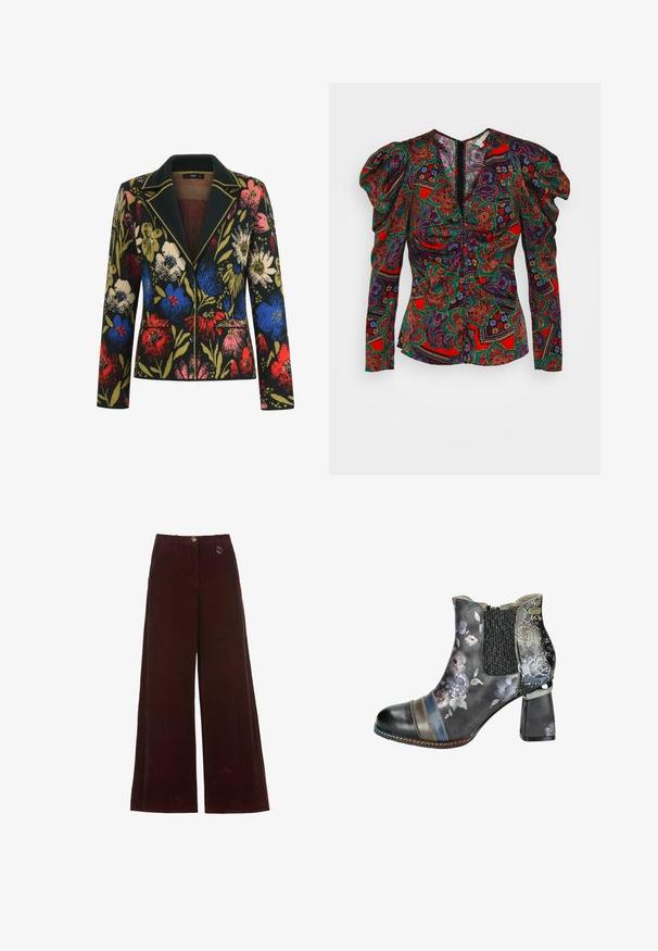 Bloemenblazer met een zwarte achtergrond, featuring kleurrijke bloemen in rood, blauw, roze en groen, een contrasterende kraag, en twee voorzakken.; Veronica Beard SIMMONS - Blouse - flame red multi; Wijdvallende bordeauxrode corduroy broek met knoop- en ritssluiting, voorzien van een klein rond gouden bedel op de tailleband.; Zwarte enkellaars met bloemenpatroon, rekbare zijkant en blokhak. Het heeft meerkleurige strepen en dekoratieve stiksel.