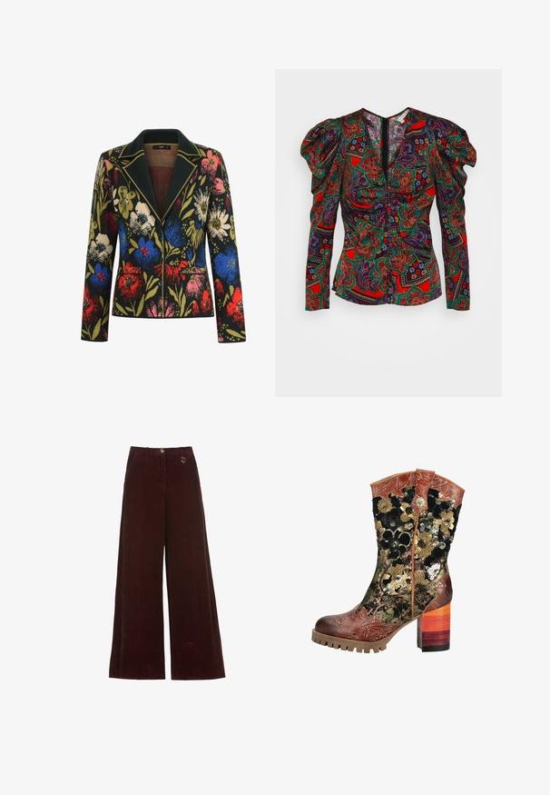 Bloemenblazer met een zwarte achtergrond, featuring kleurrijke bloemen in rood, blauw, roze en groen, een contrasterende kraag, en twee voorzakken.; Veronica Beard SIMMONS - Blouse - flame red multi; Wijdvallende bordeauxrode corduroy broek met knoop- en ritssluiting, voorzien van een klein rond gouden bedel op de tailleband.; Leren en stoffen midkuitlaars met bloemig paillettendessin, bruine geprofileerde neus en een robuuste meerkleurige blokhak met profielzool.