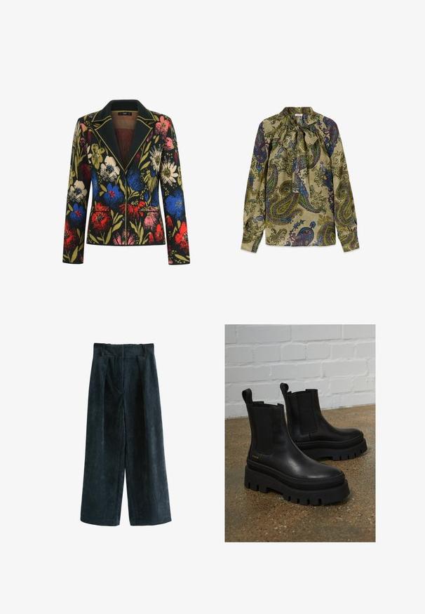 Blazer med blomstermotiv på sort baggrund, prydet med farverige blomster i rød, blå, pink og grøn, kontrasterende krave og to forlommer.; Langærmet bluse med grøn bund og flerfarvet paisley-mønster, med høj hals, der er bundet med en sløjfe foran.; Mørkegrønne corduroy brede bukser med en struktureret overflade, der har frontfolder, en glat talje og en cropped kant.; Sort læder ankelstøvler med elastiske sidepaneler, tykke sorte platformssåler og syninger, der har en løftesanordning for nem påtagning.