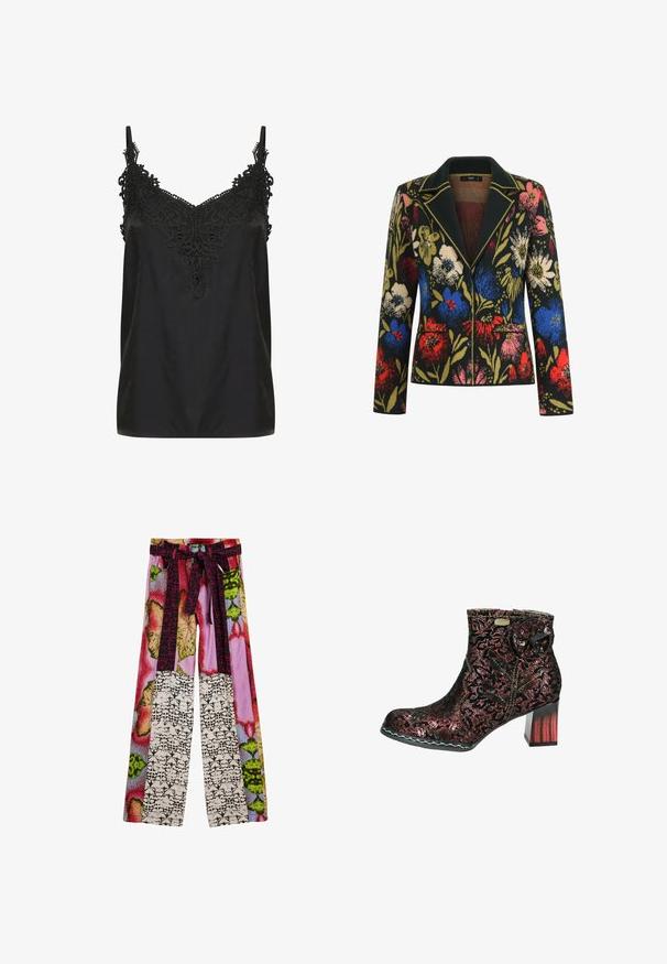 Blumenblazer mit schwarzem Hintergrund, der bunte Blumen in Rot, Blau, Pink und Grün zeigt, kontrastierender Kragen und zwei Fronttaschen.; Schwarzes Top mit V-Ausschnitt und filigranen Spitzenverzierungen am Kragen. Mit Spaghetti-Trägern und einem glatten, leichten Stoff.; Weite Hosen mit einem bunten Patchwork aus floralen und abstrakten Mustern sowie einem dazu passenden Stoffgürtel, der in der Taille gebunden ist.; Schwarze Spitzenstiefelette mit rotem Blumenmuster. Runde Zehenpartie und klobiger Absatz. Dekorative Stoffblume und kontrastierende Nähte.