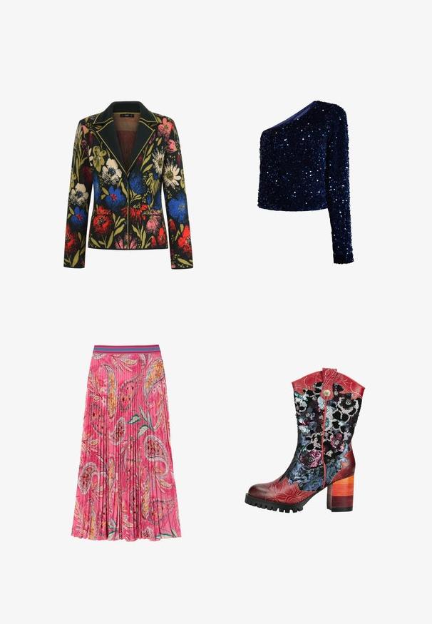 Blazer med blomstermotiv på sort baggrund, prydet med farverige blomster i rød, blå, pink og grøn, kontrasterende krave og to forlommer.; Mørkeblå one-shoulder top med lange ærmer dækket af skinnende pailletter med en tætsiddende silhuet mod en hvid baggrund.; Lyserød plisseret nederdel med blomster- og paisleymønstre, med en kontrasterende turkise stribet talje. Lavet af letvægtsstof.; Mid-kalv støvle med hæl med røde læderaccents, farverige blomster paliet mønstre og en lagdelt træblok hæl.