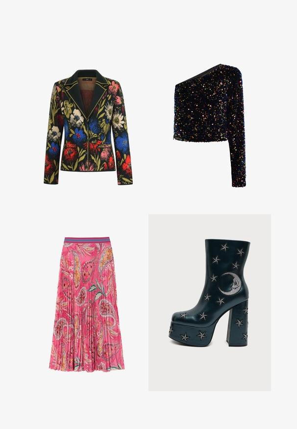 Blazer med blomstermotiv på sort baggrund, prydet med farverige blomster i rød, blå, pink og grøn, kontrasterende krave og to forlommer.; Sort crop top med en ærme dækket af flerfarvede skinnende pailletter med en tætsiddende silhuet.; Lyserød plisseret nederdel med blomster- og paisleymønstre, med en kontrasterende turkise stribet talje. Lavet af letvægtsstof.; Sort platformstøvle med blokhæl, dekoreret med sølvbroderede stjerner og en måne på siden.