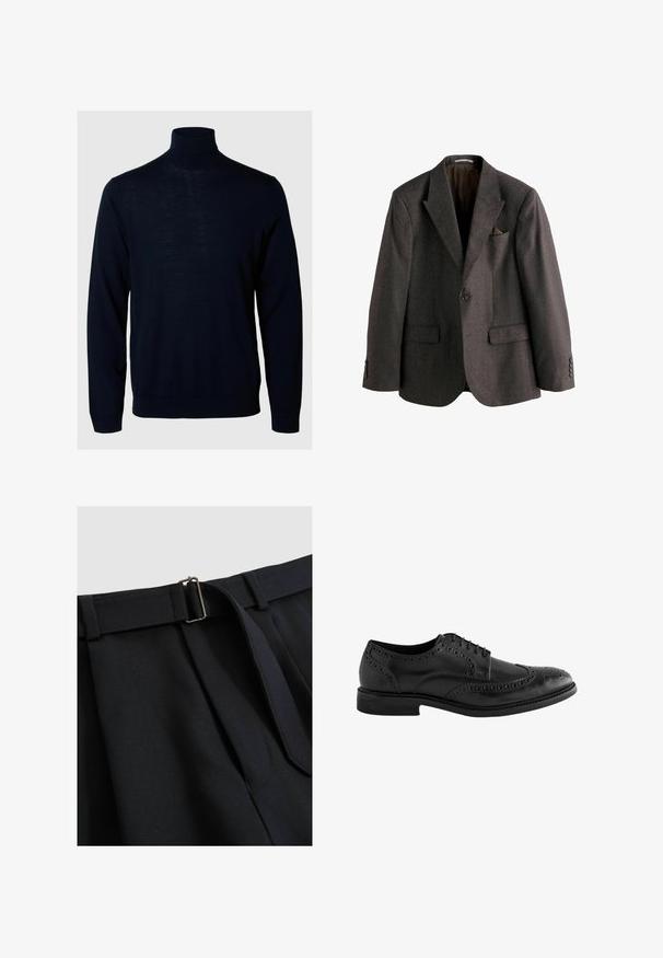 Dunkelgrauer Herrenblazer mit Revers, einem Ein-Knopf-Verschluss, Klappentaschen und einem Taschentuch in der Brusttasche.; Marineblauer Rollkragensweater, lange Ärmel, gerippte Bündchen und Saum, aus weichem Stoff mit glatter Textur und minimalistischem Design.; Reiss REGULAR FIT - STRAP BLEND BELTED PLEATED - Anzughose - navy; Schwarze Lederschuhe mit durchbrochener Brogue-Verzierung, runder Zehenform und flacher Gummisohle, ausgestattet mit einem klassischen Schnürdesign.
