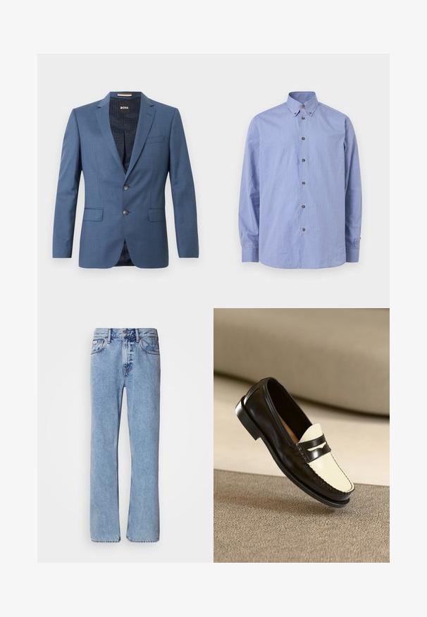 Blazer azul a medida con dos botones, solapas de muesca y bolsillos de solapa. El forro interior presenta un patrón sutil. Corte estructurado con una textura suave.; Camisa de manga larga a cuadros pequeños azul y blanca, con cuello abotonado y botones negros en el frente y los puños; Jeans de mezclilla azul claro con un diseño de pierna recta, cinco bolsillos y cierre de botón. Detalles de costura cerca de los bolsillos y la cintura.; Mocasines de cuero negro con un vampiro color crema y rayas de acento negras, presentando un tacón bajo y costuras detalladas a lo largo de los bordes.