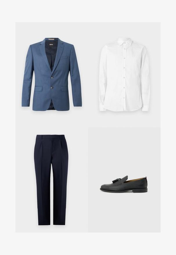 Blazer azul a medida con dos botones, solapas de muesca y bolsillos de solapa. El forro interior presenta un patrón sutil. Corte estructurado con una textura suave.; Camisa blanca de manga larga con botones, hecha de algodón. Presenta un cuello puntiagudo y un pequeño logo bordado en el pecho. Textura suave.; Pantalones sastre azul marino hechos de tejido texturizado, con corte recto, pliegues delanteros y una cinturilla clásica con trabillas para cinturón.; Mocasín negro de cuero para hombre con borlas, punta redonda, tacón bajo y pestaña para tirar en la parte trasera, mostrado de perfil lateral sobre un fondo gris claro.