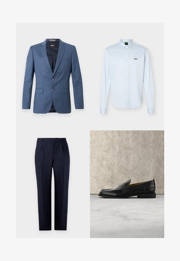 Blazer azul a medida con dos botones, solapas de muesca y bolsillos de solapa. El forro interior presenta un patrón sutil. Corte estructurado con una textura suave.; Camisa azul claro de manga larga con botones y cuello, logo negro "BOSS" en el lado izquierdo del pecho y puños con botones.; Pantalones sastre azul marino hechos de tejido texturizado, con corte recto, pliegues delanteros y una cinturilla clásica con trabillas para cinturón.; Mocasín de cuero negro para hombre con empeine grabado en relieve de cocodrilo y tacón bajo, mostrado de perfil sobre un fondo neutro.