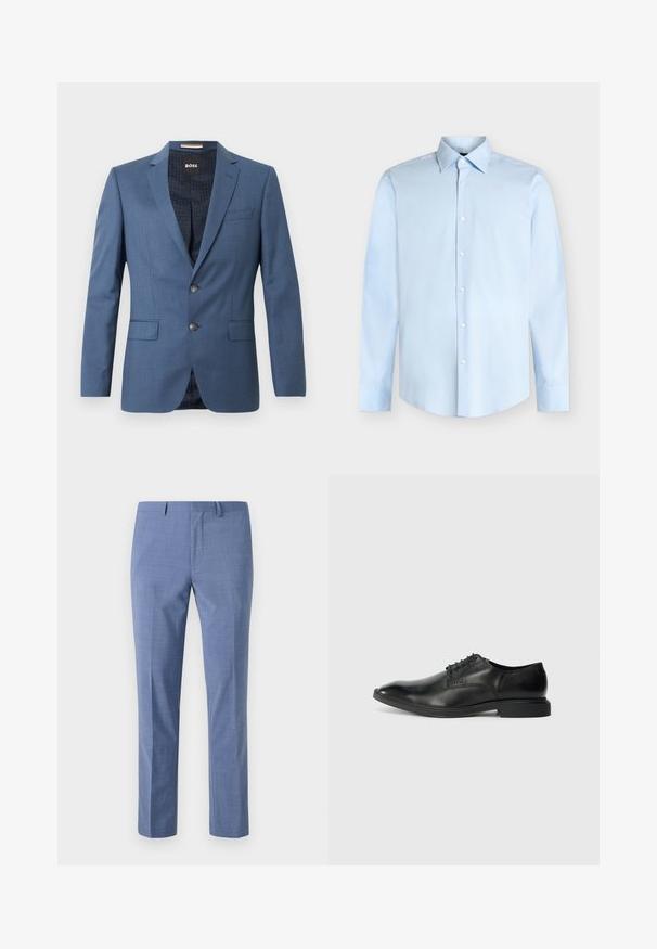 Blauwe op maat gemaakte blazer met twee knopen, notch-lapels en klepzakken. De binnenvoering heeft een subtiel patroon. Gestructureerde pasvorm met een gladde textuur.; Lichtblauw heren overhemd met lange mouwen, knoopsluiting aan de voorkant en een puntige kraag, afgebeeld tegen een witte achtergrond.; Lichtblauwe broek, getailleerde pasvorm, gestructureerde stof, flat front, schuine zijzakken en een gladde tailleband met riemlussen.; Zwarte leren dress shoe met een gladde textuur, spitse neus, zes veterogen vetersluiting en een lage rechthoekige hak. Subtiele merkopdruk aan de zijkant.