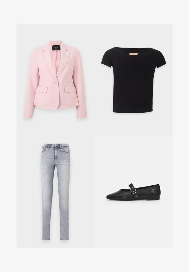 Lichtroze damesblazer met een knoopsluiting, revers met inkeping, lange mouwen en twee voorzakken met klep.; Zwart, aansluitend T-shirt met korte mouwen, brede off-shoulder halslijn en een Hollister-label aan de binnenkant van de kraag.; Lichtgrijze skinny jeans van denim, met een hoge taille, riemlussen en een klassieke vijf-pocket ontwerp met subtiele vervaging.; Zwarte leren platte schoen met een ronde neus, een enkele verstelbare gespsluiting en een gladde, glanzende textuur. Minimalistisch ontwerp met een lage hak.