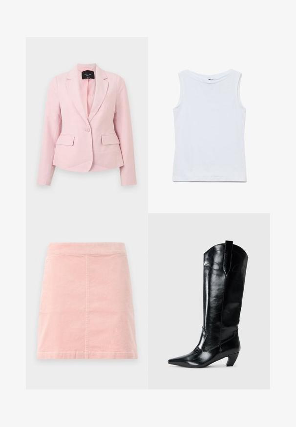 Lichtroze damesblazer met een knoopsluiting, revers met inkeping, lange mouwen en twee voorzakken met klep.; Mouwloze witte katoenen top met een brede ronde hals en rechte zoom, plat uitgestald op een witte achtergrond.; Roze corduroy mini rok met een aansluitende taille en verticale ribbeltextuur. De zoom is recht en het heeft een eenvoudig ontwerp zonder versieringen.; Zwarte leren kniehoge laarzen met een spitse neus, lage hak en decoratieve stiksels aan de zijkanten. Gladde glanzende afwerking.
