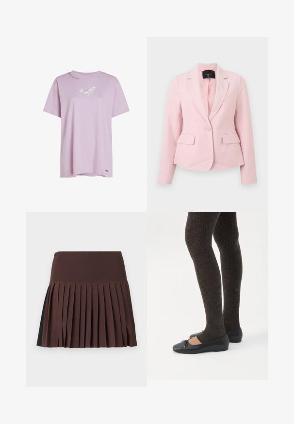 Blazer féminin rose clair avec fermeture à un bouton, revers crantés, manches longues et deux poches avant à rabat.; T-shirt en coton violet clair avec col rond, manches courtes et un graphisme blanc représentant une baleine. Dispose d'une petite étiquette logo à l'ourlet.; Jupe plissée marron avec une large ceinture côtelée et un panneau noir sur un côté, conçue pour un usage décontracté ou semi-formel.; Jambes portant des leggings côtelés foncés associés à des ballerines noires avec de petits détails en nœud sur fond blanc.