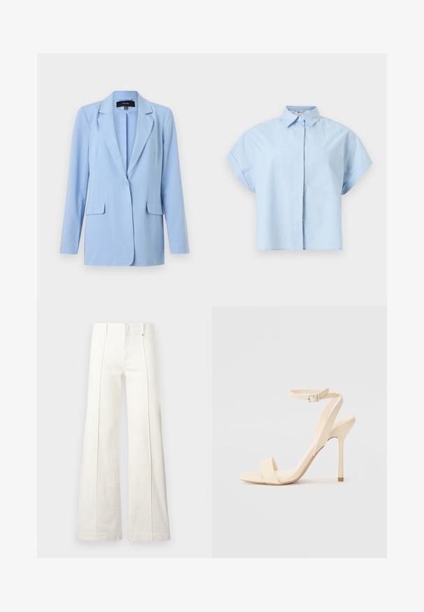 Blazer bleu clair à un bouton avec revers crantés, manches longues et deux poches à rabat à l'avant.; Chemise bleu clair à manches courtes avec col, boutons avant dissimulés et une poche poitrine unique, présentée sur un fond uni.; Pantalon blanc taille haute à jambes larges avec coutures avant et passants pour ceinture, présenté sur un fond clair uni.; Sandale à talon haut beige avec une sangle fine autour de la cheville et un bout carré. Matériau synthétique lisse, design minimaliste et talon aiguille.