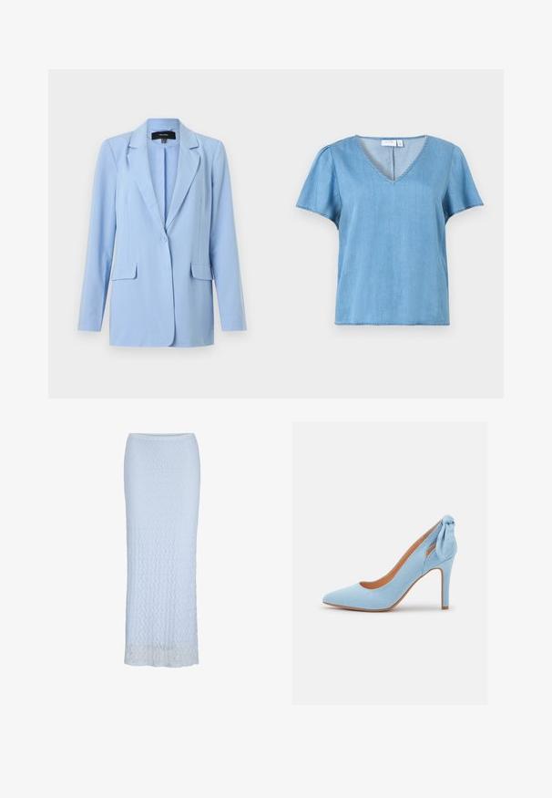 Lyseblå blazer med enkelt knaplukning, skrå kraver, lange ærmer og to forlommer med klap.; Lyseblå bluse med korte ærmer, V-hals og let rynket, T-shirt-agtigt stof.; Lyseblå blonde blyantskørt med lige pasform, høj talje og semi-gennemsigtigt blomstret blondeoverflade, der går ned til ankellængde.; Lysblå ruskind højhælede sko med spids tå og en lille sløjfeaccent bagpå. Har et strømlinet design og tan sål.