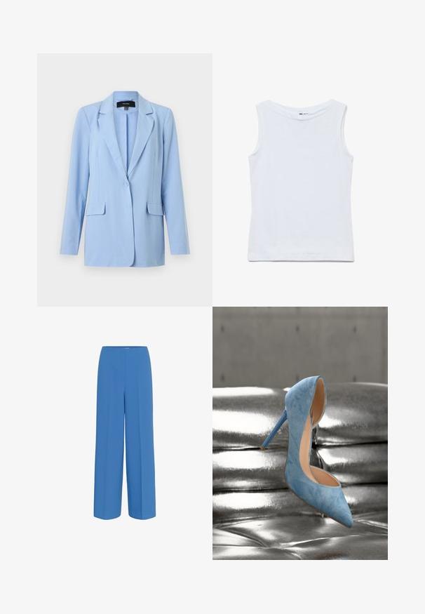 Blazer azul claro de un solo botón con solapas con muesca, mangas largas y dos bolsillos frontales con solapa.; Camiseta blanca sin mangas de algodón con un amplio escote redondo y dobladillo recto, mostrada extendida sobre un fondo blanco.; Pantalones de pierna ancha azules, confeccionados con un tejido suave, que presentan un pliegue frontal y una cinturilla plana sin cierre visible.; Zapato de tacón alto azul claro con punta puntiaguda descansando sobre una superficie acolchada de cuero plateado brillante.