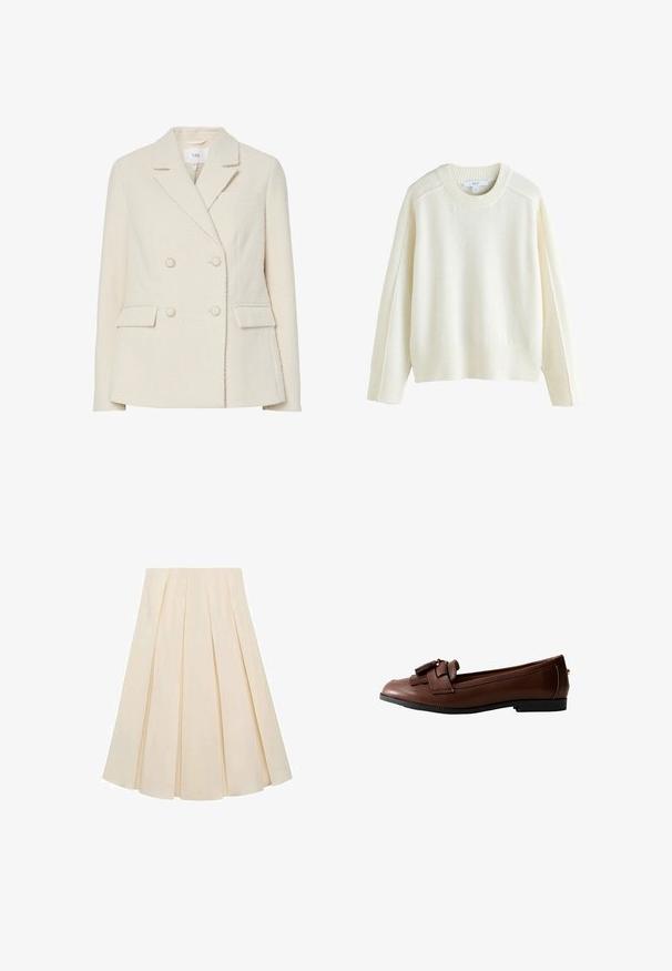 Dobbeltradet beige blazer lavet af tekstureret stof med hakkede revers, to forlommer og knapper i guldfarvet metal.; Next CREW NECK - Striktrøje - ecru; Plisseret nederdel i cremefarvet stof; har en blød tekstur, mellemlang design og symmetriske plisseringer, der strækker sig fra taljen til kanten.; Brun læder loafers med flad sål, detaljeret med en sløjfe og frynseaccent foran, med en glat tekstur og slank design.