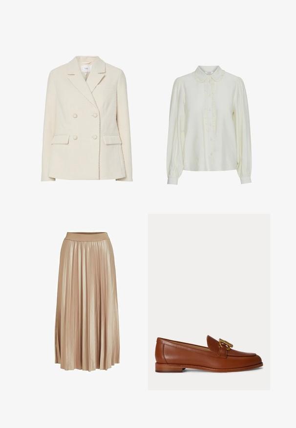 Blazer beige croisé en tissu texturé, avec revers en encoche, deux poches avant et détails de boutons dorés.; Blouse en crème avec un col à volants, fermeture à boutons sur le devant, manches bouffantes longues et un tissu doux et texturé. Design élégant et minimaliste.; Jupe midi plissée en satin beige clair. Dotée d'une large taille élastique et de plis verticaux élégants sur toute sa longueur.; Mocassin en cuir marron avec talon bas empilé et détail de boucle en métal doré sur le dessus, présenté en profil latéral sur un fond uni.