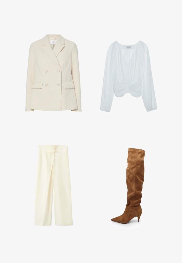 Dobbeltradet beige blazer lavet af tekstureret stof med hakkede revers, to forlommer og knapper i guldfarvet metal.; Hvid langærmet bluse med V-hals, plisseret struktur, samlede detaljer ved taljen og elastiske manchetter. Mærket synligt indeni.; Bredbukser i cremefarve med høj talje og forreste bindedetalje i linningen.; Højbrune ruskindsstøvler med et slouchy design, spidse tå og lav hæl. Har en glat overflade og minimalistisk stil.