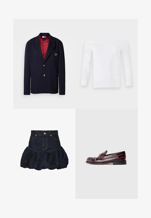 Marineblazer i blødt stof med en rød mønstret foring. Har to forlommer, et guldlogo på brystet og guldknapper.; Hvid off-shoulder langærmet top lavet af blødt stof, med en tætsiddende design og en glat tekstur samt minimale sømme.; Mørk denim nederdel med en tætsiddende talje og en samlet, puflet nederste del med flæser. Har forlommer og knaplukning i metal.; Burgunderfarvet læder penny loafer med sort sål og guldfarvet metal detalje på vamp, vist i sidevisning på hvid baggrund.