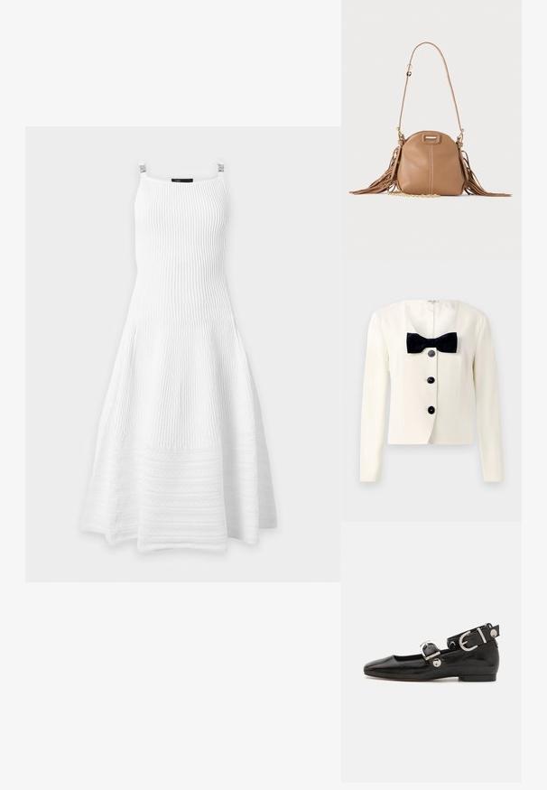 Blazer crème à encolure en V profonde, avec un nœud papillon noir texturé et quatre boutons noirs sur le devant. Manches longues et coupe ajustée.; Robe blanche sans manches en maille côtelée avec jupe évasée et encolure carrée sur des clips sur fond uni.; Ballerine en cuir verni noir avec un bout carré, sangle de cheville avec des détails en métal argenté et semelle plate. Texture lisse avec un design minimaliste.; Petit sac à bandoulière en cuir fauve avec longue bandoulière, détail chaîne dorée et franges des deux côtés sur un fond neutre.